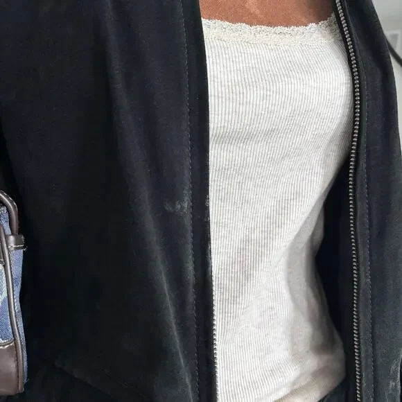 Vintage 90s Distressed Black Suede Leather Bomber Jacket Quilted Lining No Size - Picture 4 of 16